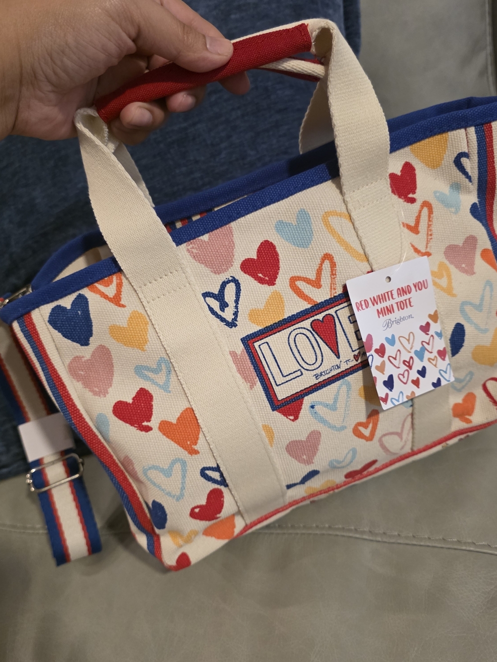 BRIGHTON TOM CLANCY RED WHITE AND YOU MINI CANVAS TOTE CROSSBODY BAG PURSE HEART